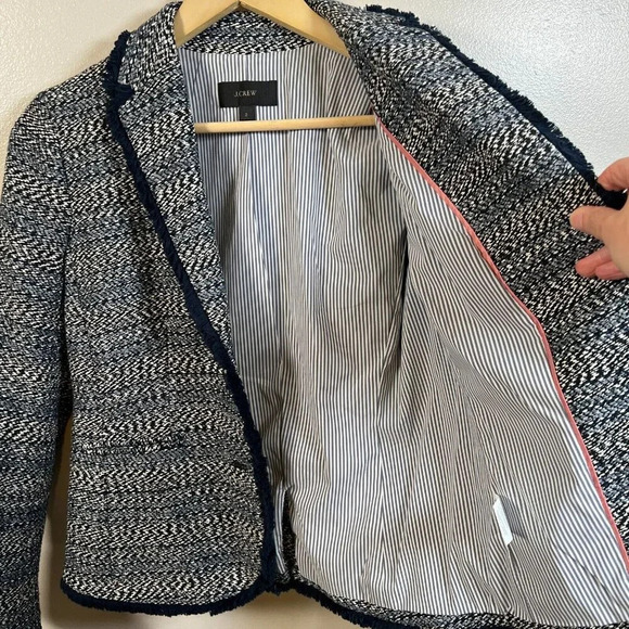 J. Crew Lady Jacket Blazer Size 2 Blue Tweed Fringe Trim Preppy Work Career - Picture 11 of 14